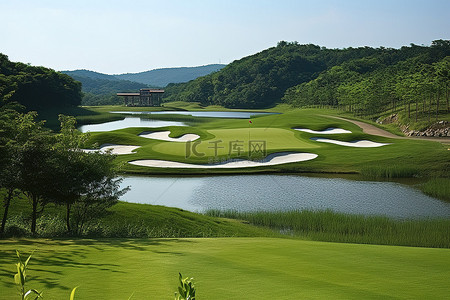 有水的背景图片_周围有水的 18 洞高尔夫球场