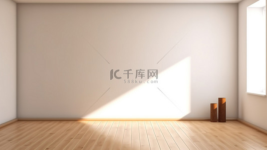 空白墙展示室，配有阳光照射的白色墙壁阴影和 3D 渲染的木地板