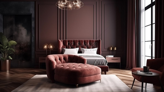 现代红背景图片_时尚卧室室内场景中豪华红棕色扶手椅的现代 3D 渲染