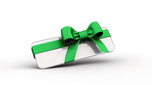 绿色礼品卡背景图片_3D 渲染白色背景，矩形销售标签上带有绿色丝带和蝴蝶结