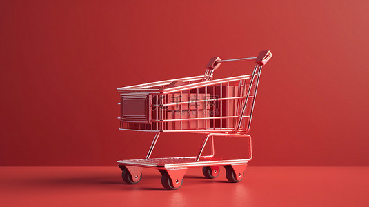 电子商务海报背景背景图片_在线购物使购物车的 3D 渲染变得简单，购物车带有充满活力的红色背景的纸板箱