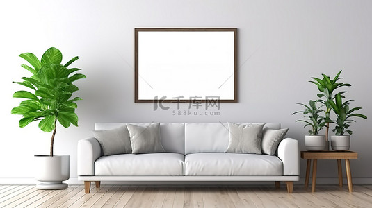 简约灰色家居背景图片_现代 3D 渲染中的简约场景灰色沙发和热带植物口音空水平相框