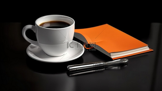 在笔记本旁边的黑色背景上关闭一杯咖啡的 3D 插图