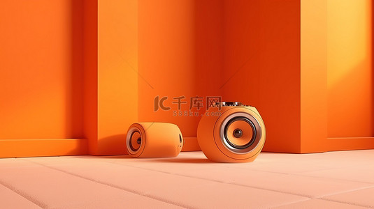 低音扬声器背景图片_充满活力的橙色工作室 3d 渲染中的单色专业扬声器