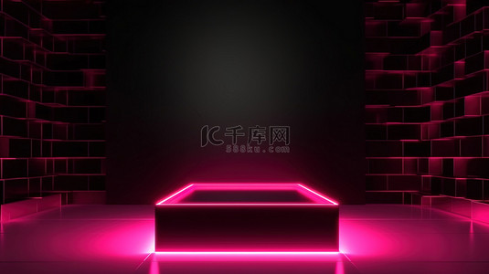 霓虹灯点亮的粉色方形底座黑色 3D 渲染空白产品展示