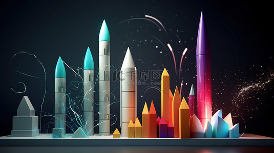 3d 火箭发射和图表条的插图描绘了技术进步和统计分析的概念