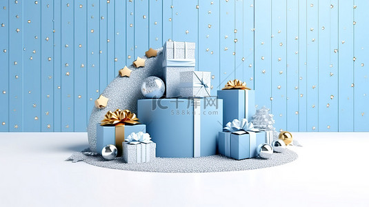 作文背景图片_欢乐的圣诞和繁荣的新年节日蓝色讲台，配有饰有 3D 丝带的礼品盒