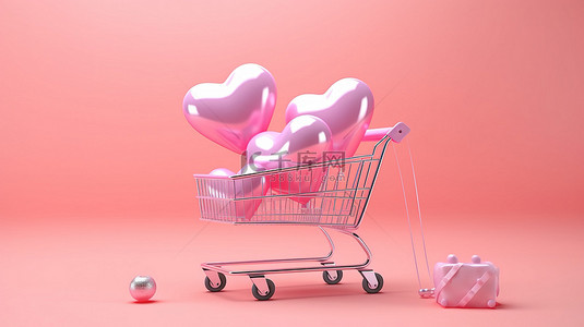 购物车中的情人节喜悦 3D 心，配有气球礼品盒和柔和的粉红色背景，呈现令人惊叹的细节