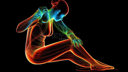 腿部肌肉图背景图片_坐姿肌肉发达的女性形象，带有 3D 突出显示