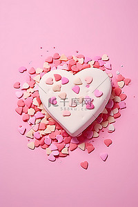 粉红色背景上的粉红色和白色五彩纸屑的情人节心形饼干