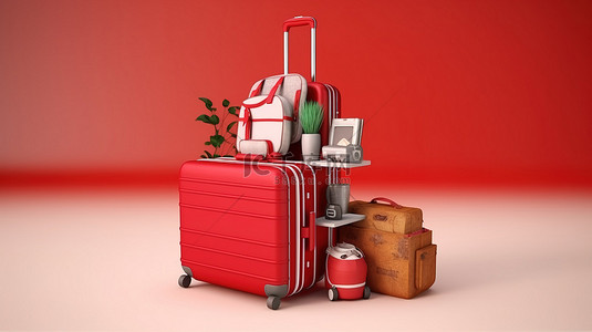 充满活力的 3D 渲染旅游主题红色手提箱，装满旅行配件