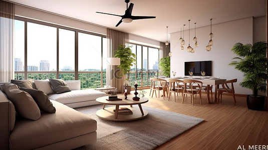 家居清背景图片_带沙发和用餐区的宽敞客厅的 3D 渲染