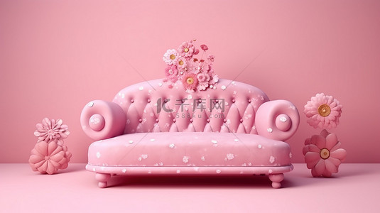 公主粉背景图片_3D 插图中小公主优雅花卉粉色家具的皇家天堂