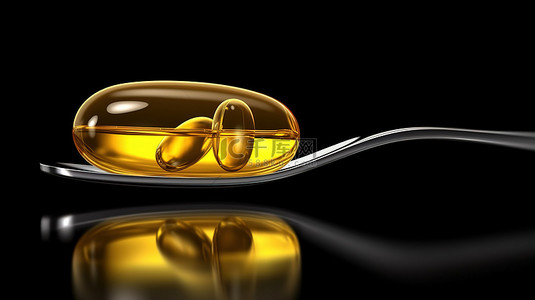 3D 渲染中装有 omega 3 鱼油胶囊的孤立金属勺子