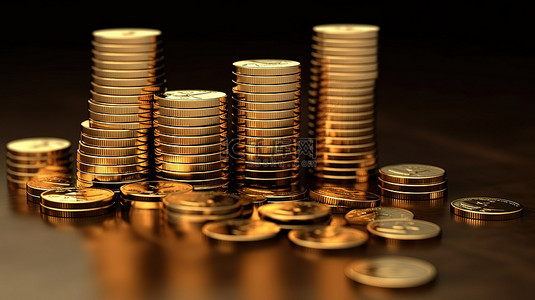 堆叠金币业务图表的 3D 渲染，表明财务增长