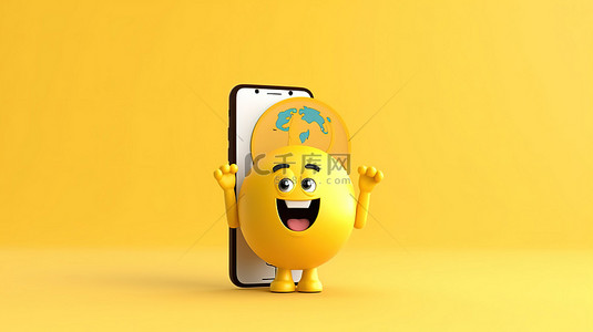 世界黄色背景图片_拿着地球仪的角色吉祥物和黄色背景空白屏幕的现代手机的 3D 渲染，适合您的设计