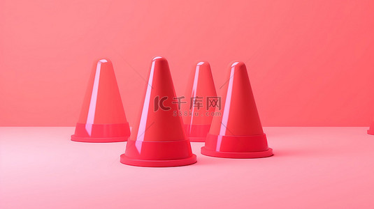 卡通 3D 渲染插图，粉红色背景上光滑可爱的红色交通锥，强调事故预防概念
