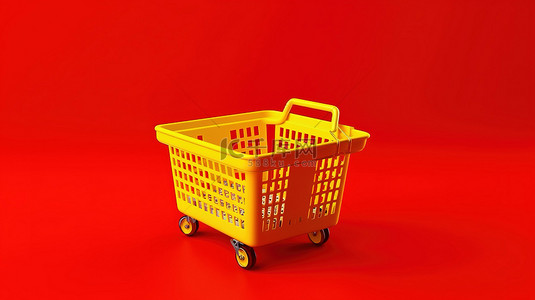 早安卖场背景图片_黄色背景和红色杂货篮购物概念的 3D 渲染