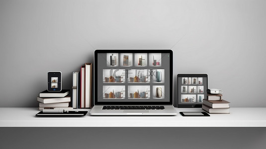 数字设备，笔记本电脑手机和平板电脑的集合，位于时尚的灰色架子上，以 3D 方形背景为背景