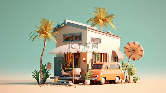 紧凑型移动房屋的 3D 插图，非常适合浪漫度假