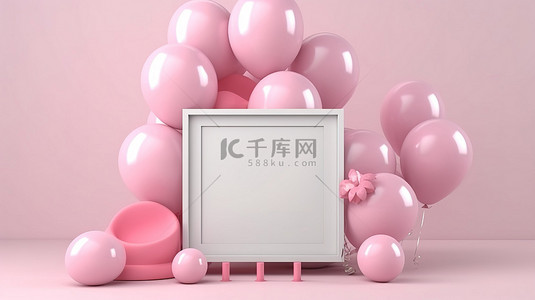 白色背景的 3D 渲染与粉红色气球和框架社交媒体故事的祝贺横幅