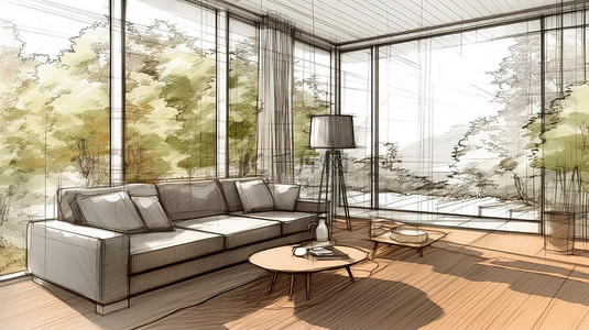 房子平面3d背景图片_温馨的起居区配有沙发桌吊灯，可从大窗户 3D 草图欣赏美景