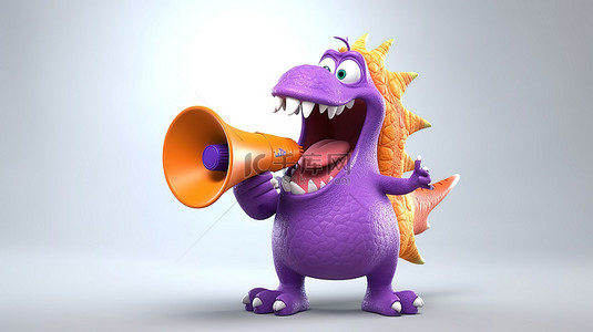 有趣的 3D 紫色恐龙拿着橙子，用扩音器说话