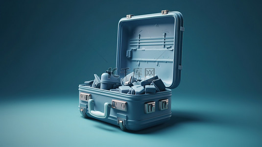 在平静的蓝色背景下为旅客提供一个包装完好的手提箱的 3D 渲染