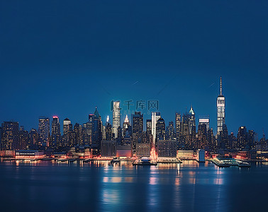 夜晚城市背景图片_夜间水面上的纽约市天际线