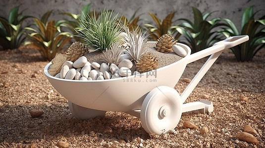 用于园艺和建筑的白色独轮车的粘土风格 3D 渲染