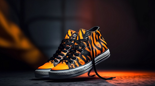 时尚 3D 渲染运动鞋亮黑色和橙色，动物印花鞋底