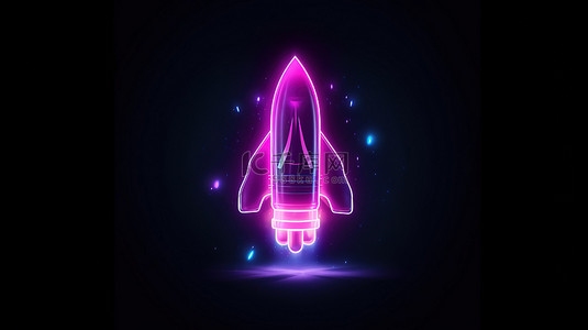 3D渲染霓虹灯太空火箭发射图标ui ux界面元素的发光暗符号