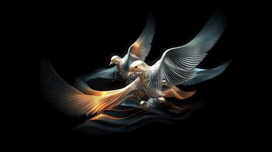黑色背景下飞翔的鸟类的 3D 插图
