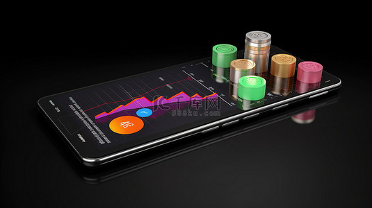 在线商业金融 3D 智能手机屏幕显示股票图表硬币信用卡和保险箱