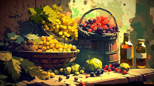 蔬菜水果卡通背景图片_葡萄丰收静物插画
