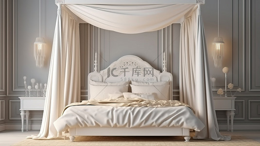 白色家居装饰海报背景图片_经典的四海报床，配有豪华白色床上用品和浮动橱柜 3D 设计