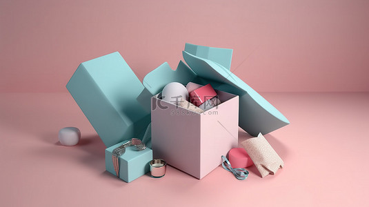 在线购物概念拆箱空礼品盒与 3D 渲染配件