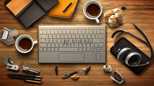 工作区必需品俯视图，木桌上展开的笔记本笔键盘耳机和咖啡杯 3D 插图