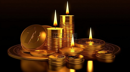 股票金币背景图片_3D 金币渲染与交易烛台和加密货币投资在股市