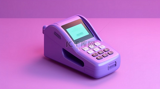 取款机卡通背景图片_卡通风格 pos 终端，在紫色背景 3d 渲染的支付系统上提供支票和信用
