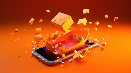 带有 3d 智能手机的橙色背景中的浮动邮件