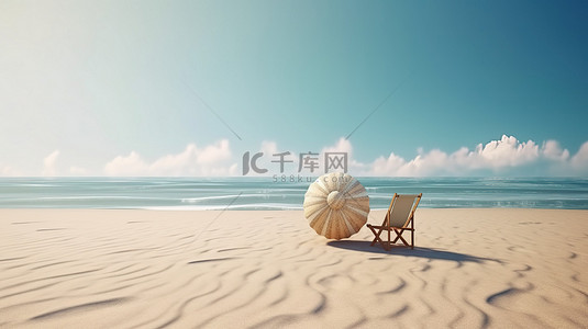 太阳伞背景图片_海滨幸福 3d 渲染展示了夏日的氛围，两把空置的沙滩椅，一把太阳伞和球，在晴朗的天空下靠近平静的海浪，非常适合夏季旅行和度假