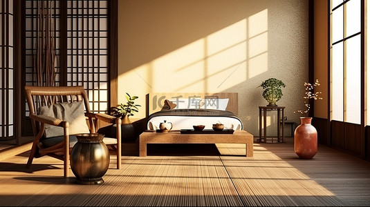 舒适的日式旅馆客房配有木制扶手椅和 3d 矮桌