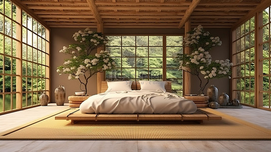床和榻榻米背景图片_热带房间，采用日本风格的卧室设计和 3D 渲染的榻榻米地板