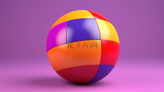 充满活力的沙滩球独立站立在紫色背景下，以其 3D 外观唤起夏日氛围