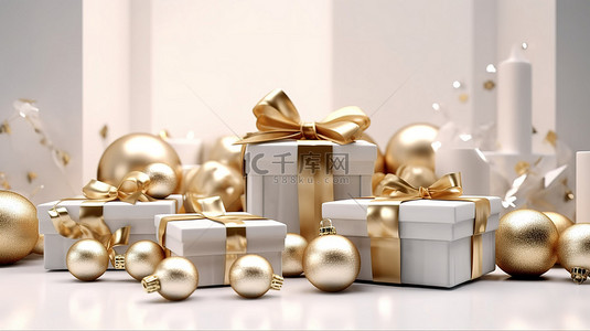 优雅的礼品套装金色蝴蝶结盒观赏小玩意贺卡 3D 渲染