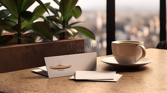 咖啡休息期间的名片模型背景 3D 渲染中的纸杯和咖啡桌