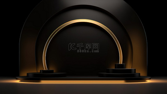 构图背景图片_豪华金色拱门背景，配有黑色 3D 最小产品展示台和抽象构图