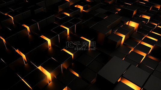 3D 渲染的黑色几何背景，带有发光的橙色亮点