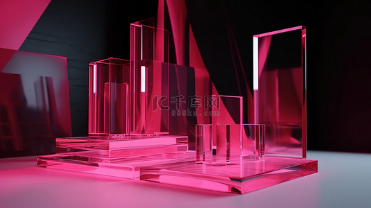 亚克力透明背景图片_生动的 3d 工作室拍摄霓虹粉色透明亚克力板重叠背景非常适合时尚化妆品和时尚产品